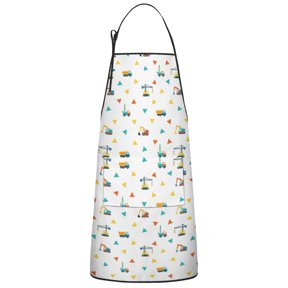 Excavator and Triangle White Pattern Apron for Women with Pockets, Cotton Linen Waterproof Adjustable Apron for Kitchen Cooking Gardening BBQ Salon 33"x27"