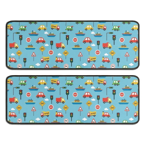 Excavator and Boat Blue Pattern Anti Fatigue Kitchen Rugs Set Of 2, Non Slip Washable Decorative Floor Mats for Sink Laundry and Home Use, 17"x47"