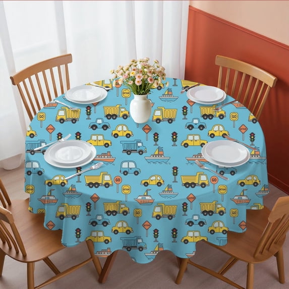 Excavator and Boat Blue Pattern Round Tablecloth 60"x60", Wrinkle Resistant Wipeable Table Cover for Kitchen Dining Room Picnic Patio and Party