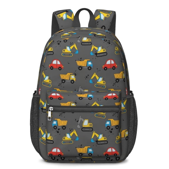 Excavator and Car Black Pattern 17" School Backpacks for Teens,Waterproof Oxford Fabric,S-Shape Padded Straps for School,Travel,Hiking,Camping