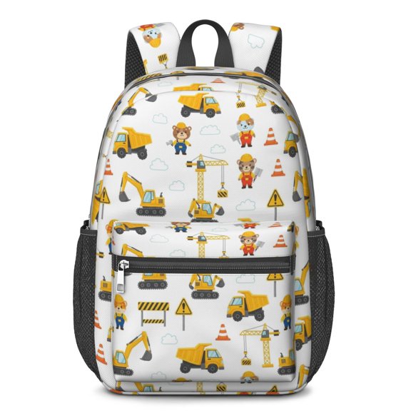 Excavator and Cartoon Character White 17" Waterproof Oxford School Backpacks for Teens, S-Shape Padded Straps, for School, Travel, Hiking, Camping