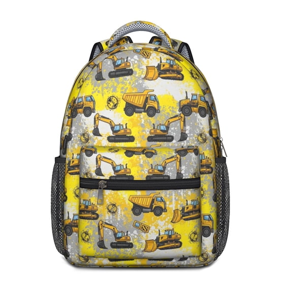 Excavator and Circle Yellow Pattern Backpack for School, Cute School Bag with Adjustable Shoulder Straps and Padded Back, 15.3"x11"x6.7"