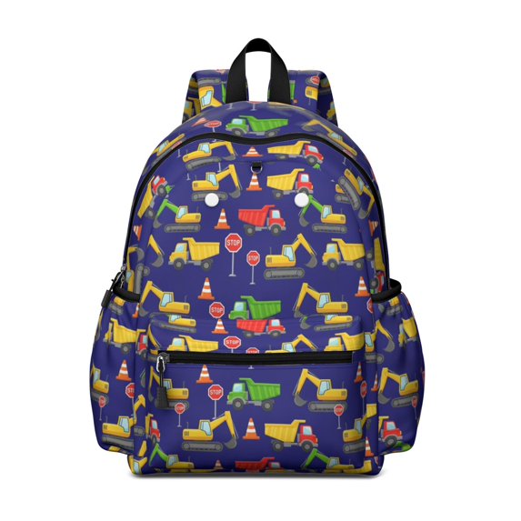 Excavator and Cloud Blue Pattern Cute School Backpack with Padded Back and Adjustable Shoulder Straps 13.4"x11"x4.7"