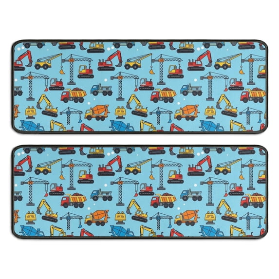 Excavator and Concrete Mixer Blue Anti Fatigue Kitchen Rugs Set Of 2, Non Slip Washable Decorative Floor Mats for Sink Laundry and Home Use, 17"x47"