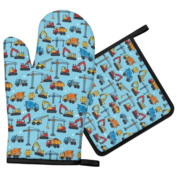 Excavator and Concrete Mixer Blue Oven Mitt Pot Holder Set, Polyester ...