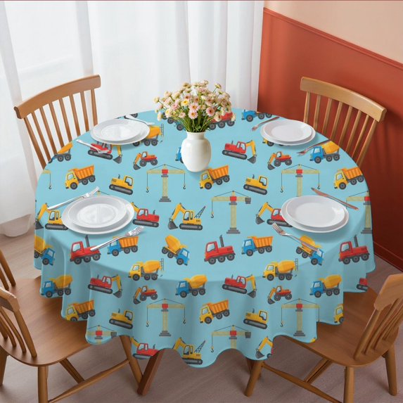 Excavator and Concrete Mixer Blue Round Tablecloth 60"x60", Wrinkle Resistant Wipeable Table Cover for Kitchen Dining Room Picnic Patio and Party