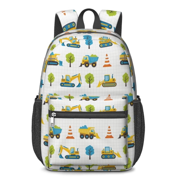 Excavator and Cone White Pattern 17" School Backpacks for Teens,Waterproof Oxford Fabric,S-Shape Padded Straps for School,Travel,Hiking,Camping
