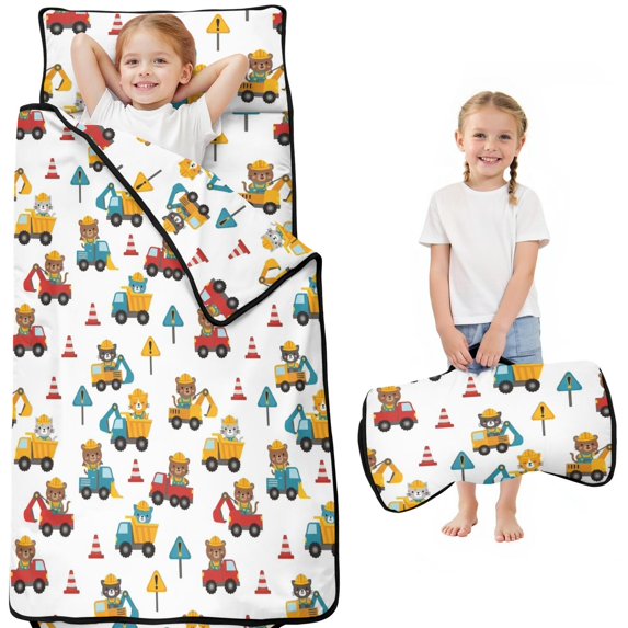 Excavator and Cone White Pattern Toddler Nap Mat with Pillow & Blanket, Soft Sleeping Mat for Preschool Daycare Travel Sleepovers