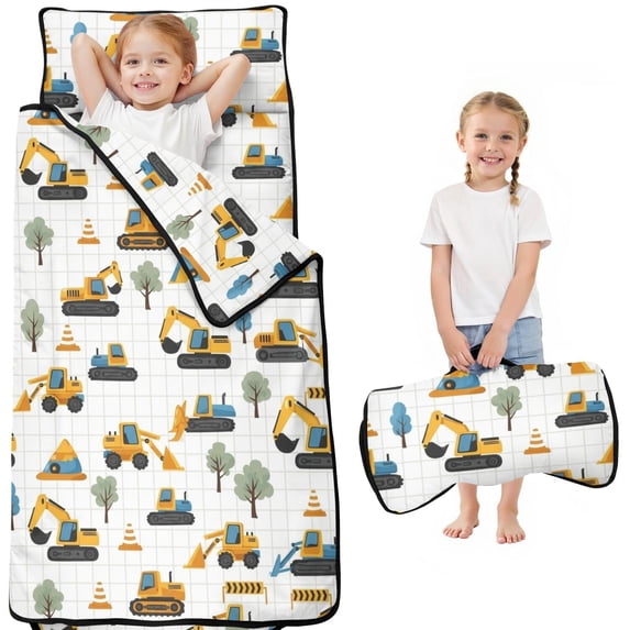 Excavator and Cone White Toddler Nap Mat with Pillow & Blanket, Soft Sleeping Mat for Preschool Daycare Travel Sleepovers