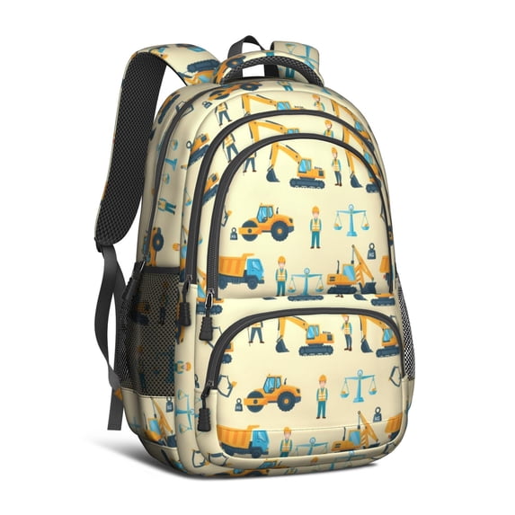 Excavator and Construction Worker Cute School Backpack Bag with Padded Back and Adjustable Shoulder Straps 16.9 X 12.6 X 5.9 Inches