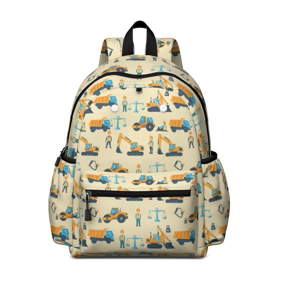 Excavator and Construction Worker Cute School Backpack with Padded Back and Adjustable Shoulder Straps 13.4"x11"x4.7"