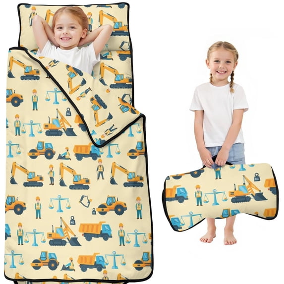 Excavator and Construction Worker Teens Toddler Nap Mat with Pillow, Sleeping Mat Bag for Preschool Daycare 50"x20"