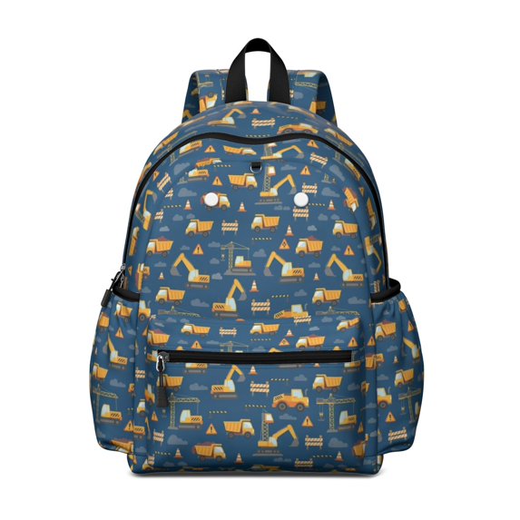 Excavator and Crane Blue Pattern Backpack for School, Cute School Bag with Adjustable Shoulder Straps and Padded Back, 13.4"x11"x4.7"