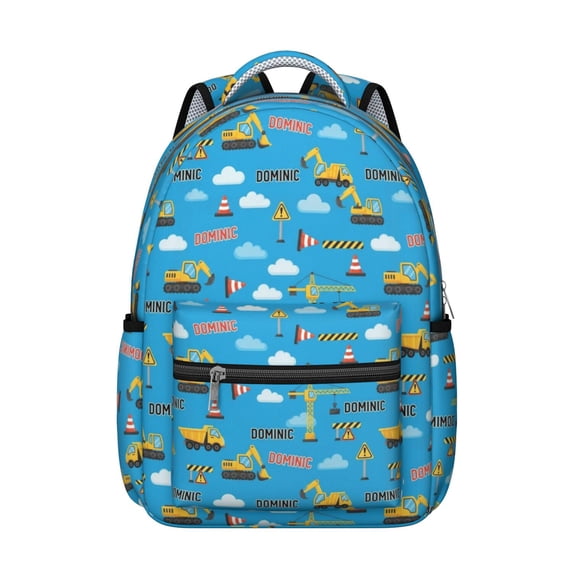 Excavator and Crane Blue Pattern Backpack for School, Cute School Bag with Adjustable Shoulder Straps and Padded Back, 15.3"x11"x7.1"