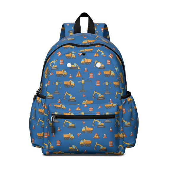 Excavator and Crane Blue Pattern Cute School Backpack with Padded Back and Adjustable Shoulder Straps 13.4"x11"x4.7"