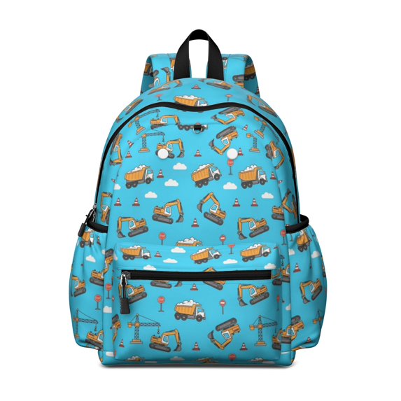 Excavator and Crane Blue Pattern Cute School Backpack with Padded Back and Adjustable Shoulder Straps 13.4"x11"x4.7"