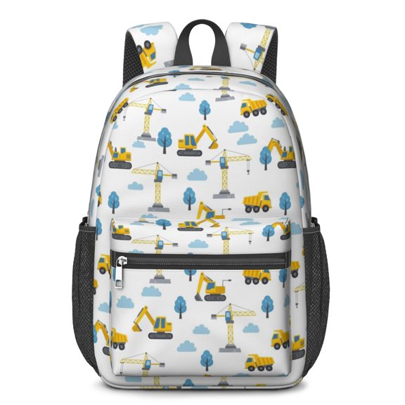 Excavator and Crane White Pattern 17" Waterproof Oxford School Backpacks for Teens, S-Shape Padded Straps, for School, Travel, Hiking, Camping