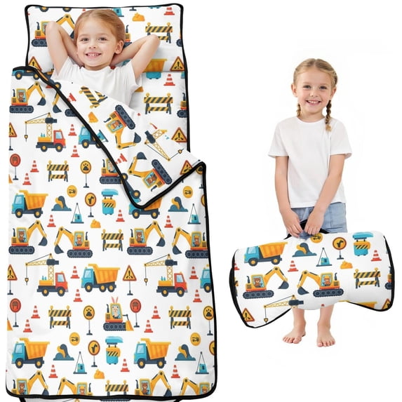 Excavator and Crane White Pattern Toddler Nap Mat with Pillow & Blanket, Soft Sleeping Mat for Preschool Daycare Travel Sleepovers