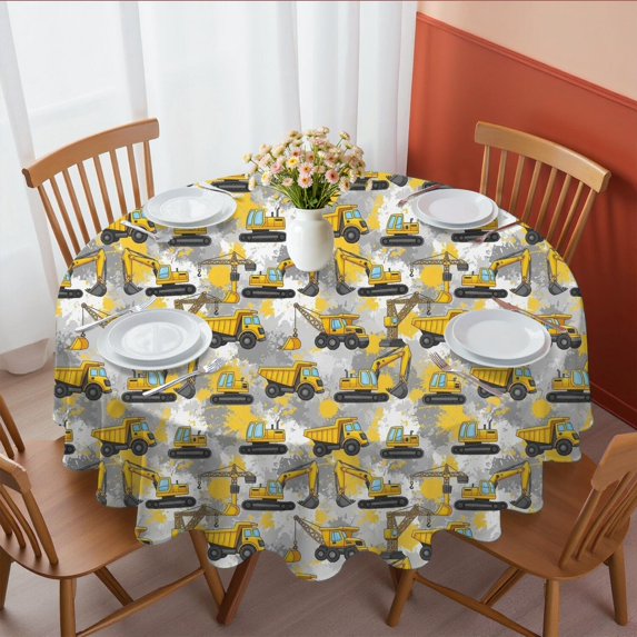 Excavator and Crane Yellow Pattern Round Tablecloth 60"x60", Wrinkle Resistant Wipeable Table Cover for Kitchen Dining Room Picnic Patio and Party