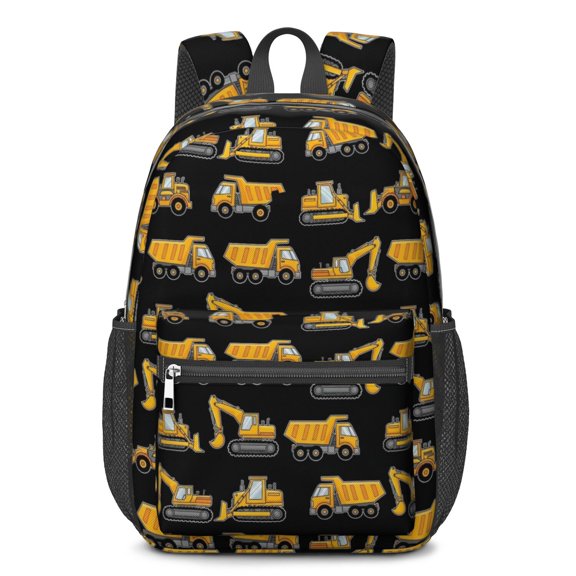 Excavator and Dump Truck Black Pattern 17" Waterproof Oxford School Backpacks for Teens, S-Shape Padded Straps, for School, Travel, Hiking, Camping