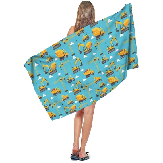 Excavator and Dump Truck Blue Pattern Microfiber Bath Towel, Beach Bath ...