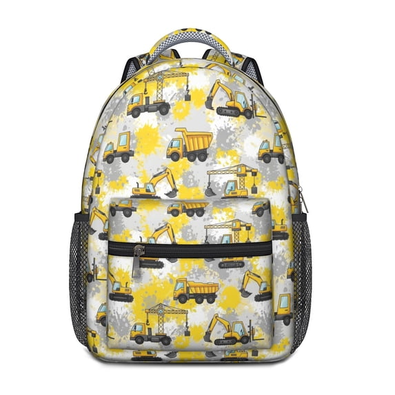 Excavator and Dump Truck Yellow Backpack for School, Cute School Bag with Adjustable Shoulder Straps and Padded Back, 15.3"x11"x6.7"