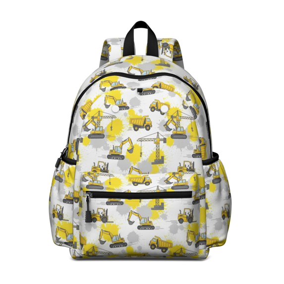 Excavator and Forklift Yellow Pattern Cute School Backpack with Padded Back and Adjustable Shoulder Straps 13.4"x11"x4.7"