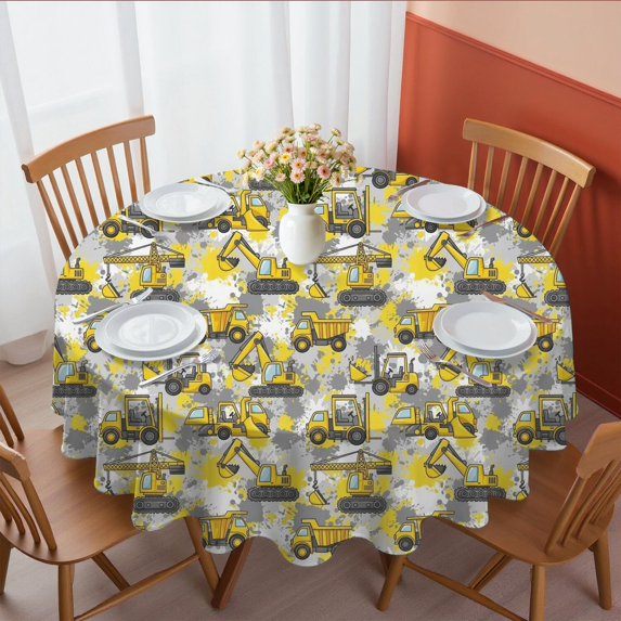 Excavator and Forklift Yellow Pattern Round Tablecloth 60"x60", Wrinkle Resistant Wipeable Table Cover for Kitchen Dining Room Picnic Patio and Party