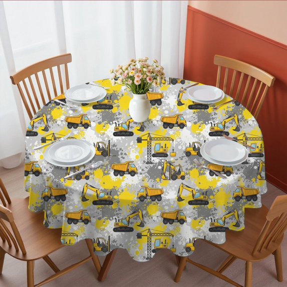 Excavator and Forklift Yellow Pattern Round Tablecloth 70"x70", Wrinkle Resistant Wipeable Table Cover for Kitchen Dining Room Picnic Patio and Party
