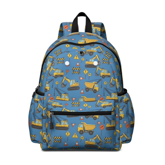 Excavator and Gravel Blue Pattern Cute School Backpack with Padded Back and Adjustable Shoulder Straps 13.4"x11"x4.7"