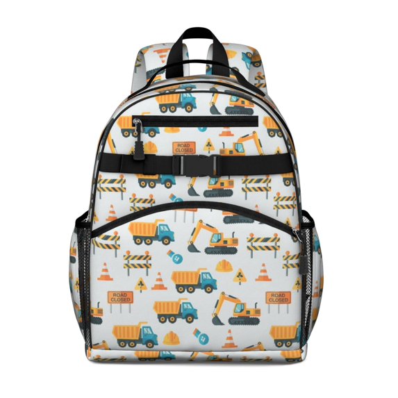 Excavator and Hard Hat Gray Pattern Cute School Backpack Bag for School with Padded Back and Adjustable Shoulder Straps 15.25"x11.5"x5.25"