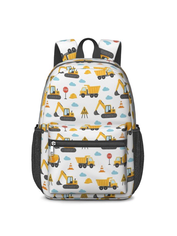 Excavator and Hard Hat White Pattern 17" Waterproof Oxford School Backpacks for Teens, S-Shape Padded Straps, for School, Travel, Hiking, Camping