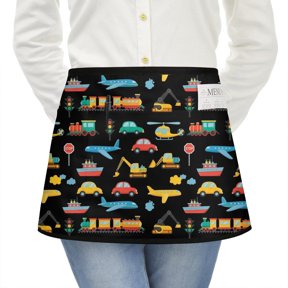 Excavator and Helicopter Black Pattern Server Half Apron with Pockets,22.8 X 11.8 Inch Half Waist Design with Black Trim,Restaurant Waitstaff Uniform