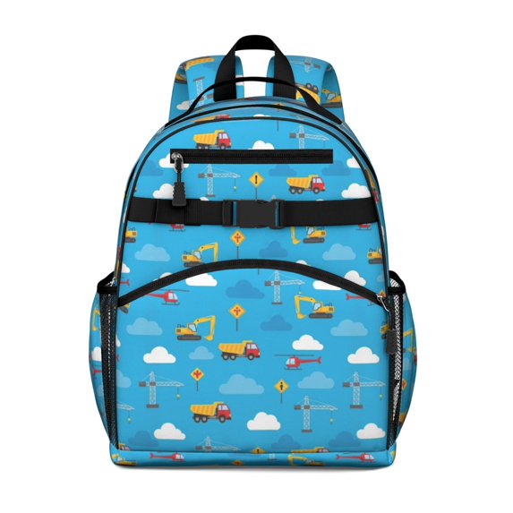 Excavator and Helicopter Blue Pattern Cute School Backpack Bag for School with Padded Back and Adjustable Shoulder Straps 15.25"x11.5"x5.25"