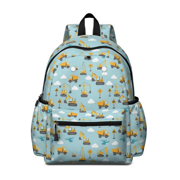 Excavator and Helicopter Blue Pattern Cute School Backpack with Padded Back and Adjustable Shoulder Straps 13.4"x11"x4.7"