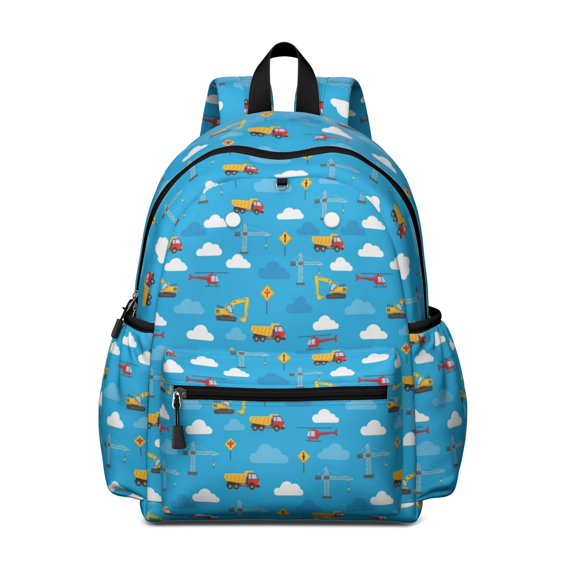 Excavator and Helicopter Blue Pattern Cute School Backpack with Padded Back and Adjustable Shoulder Straps 13.4"x11"x4.7"