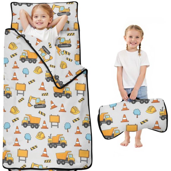 Excavator and Helmet Gray Pattern Toddler Nap Mat with Pillow & Blanket, Soft Sleeping Mat for Preschool Daycare Travel Sleepovers