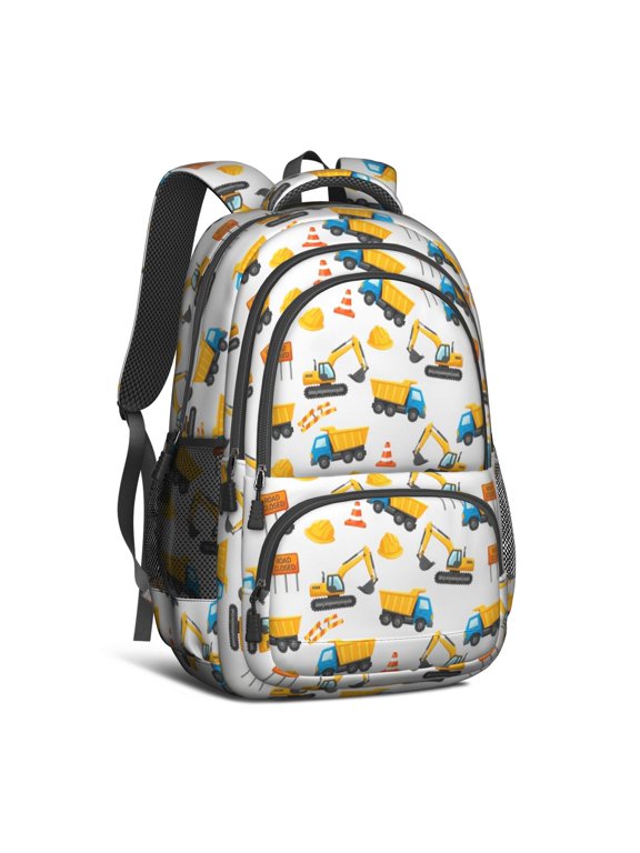 Excavator and Helmet White Pattern 16.9 Inch Lightweight School Bag, Cute Multi-Pocket Backpack with Padded Back for Daily Use