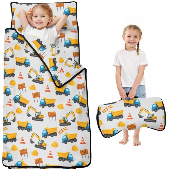 Excavator and Helmet White Pattern Toddler Nap Mat with Pillow & Blanket, Soft Sleeping Mat for Preschool Daycare Travel Sleepovers