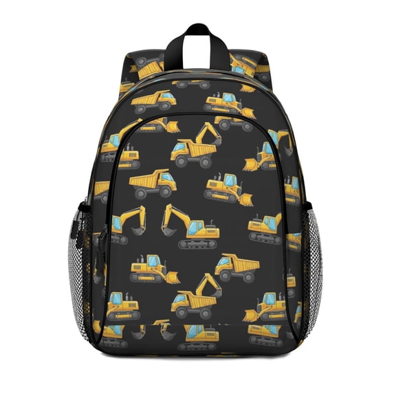 Excavator and Loader Black Pattern Backpack for School, Cute School Bag with Adjustable Shoulder Straps and Padded Back, 15"x11.42"x5.5"