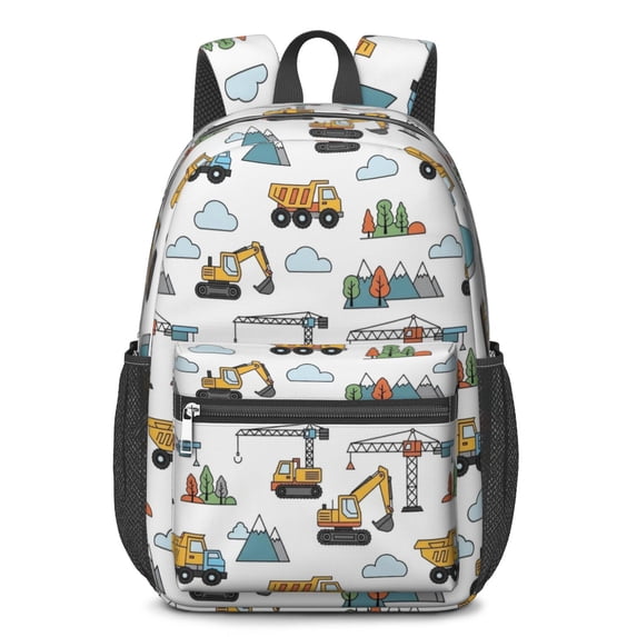 Excavator and Mountain White Pattern 17" School Backpacks for Teens,Waterproof Oxford Fabric,S-Shape Padded Straps for School,Travel,Hiking,Camping