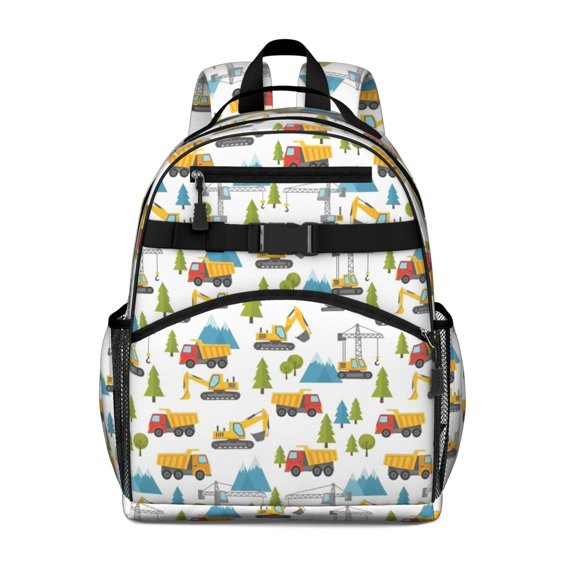 Excavator and Mountain White Pattern Cute School Backpack Bag for School with Padded Back and Adjustable Shoulder Straps 15.25"x11.5"x5.25"