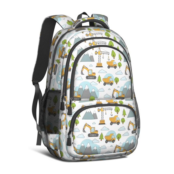 Excavator and Mountain White Pattern Cute School Backpack Bag with Padded Back and Adjustable Shoulder Straps 16.9 X 12.6 X 5.9 Inches