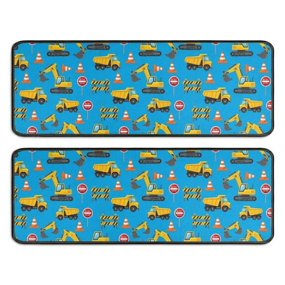 Excavator and No Entry Sign Blue Anti Fatigue Kitchen Rugs Set Of 2, Non Slip Washable Decorative Floor Mats for Sink Laundry and Home Use, 17"x47"