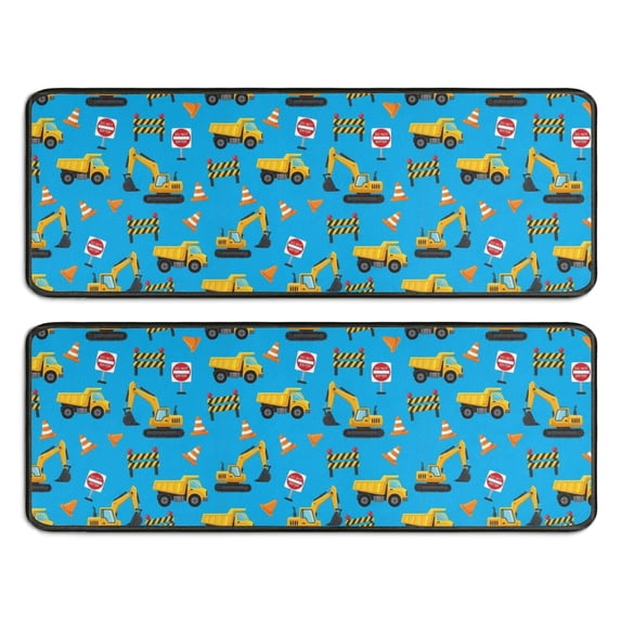 Excavator and No Entry Sign Blue Anti Fatigue Kitchen Rugs Set Of 2, Non Slip Washable Decorative Floor Mats for Sink Laundry and Home Use, 17"x47"