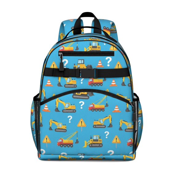 Excavator and Question Mark Blue Pattern Cute School Backpack Bag for School with Padded Back and Adjustable Shoulder Straps 15.25"x11.5"x5.25"