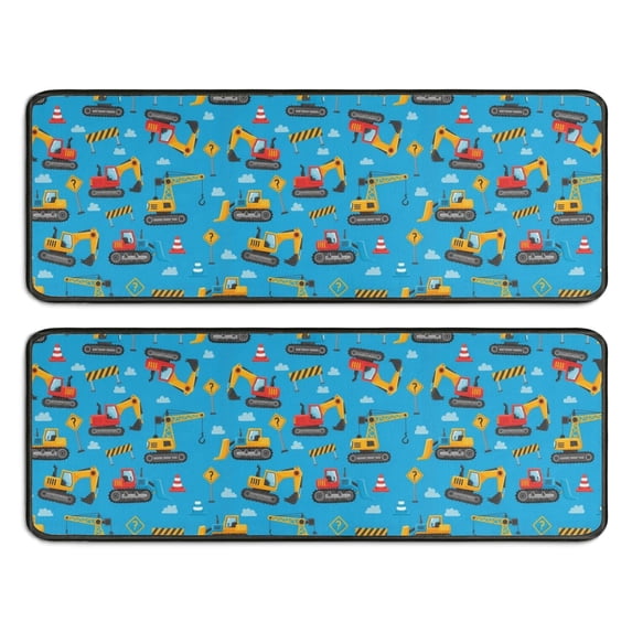 Excavator and Road Barrier Blue Anti Fatigue Kitchen Rugs Set Of 2, Non Slip Washable Decorative Floor Mats for Sink Laundry and Home Use, 17"x47"