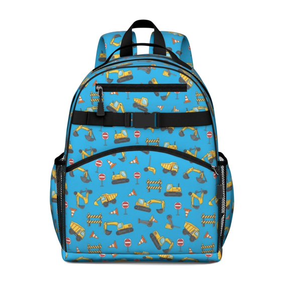 Excavator and Road Barrier Blue Pattern Cute School Backpack Bag for School with Padded Back and Adjustable Shoulder Straps 15.25"x11.5"x5.25"