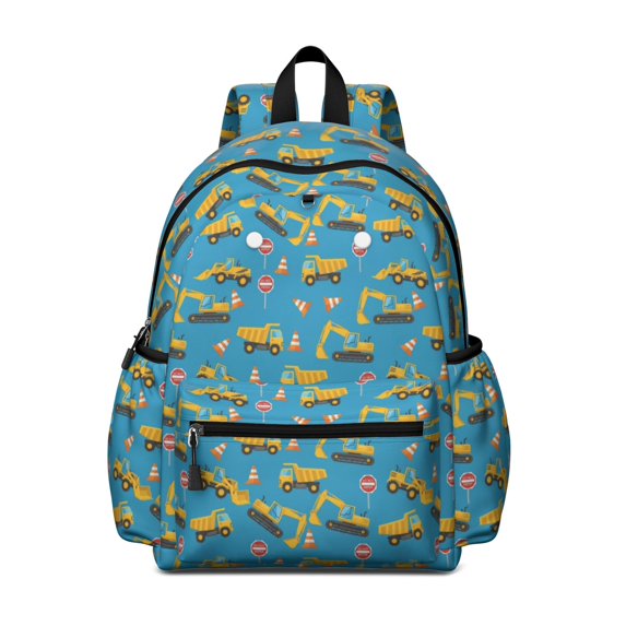 Excavator and Road Barrier Blue Pattern Cute School Backpack with Padded Back and Adjustable Shoulder Straps 13.4"x11"x4.7"