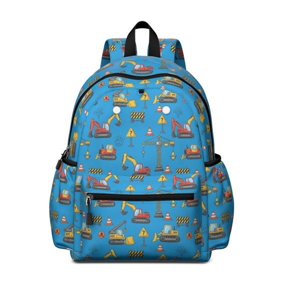 Excavator and Road Barrier Blue Pattern Cute School Backpack with Padded Back and Adjustable Shoulder Straps 13.4"x11"x4.7"